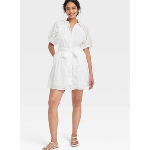 Tiered White Eyelet button down dress Women SZ XL balloon sleeve tie belt pocket